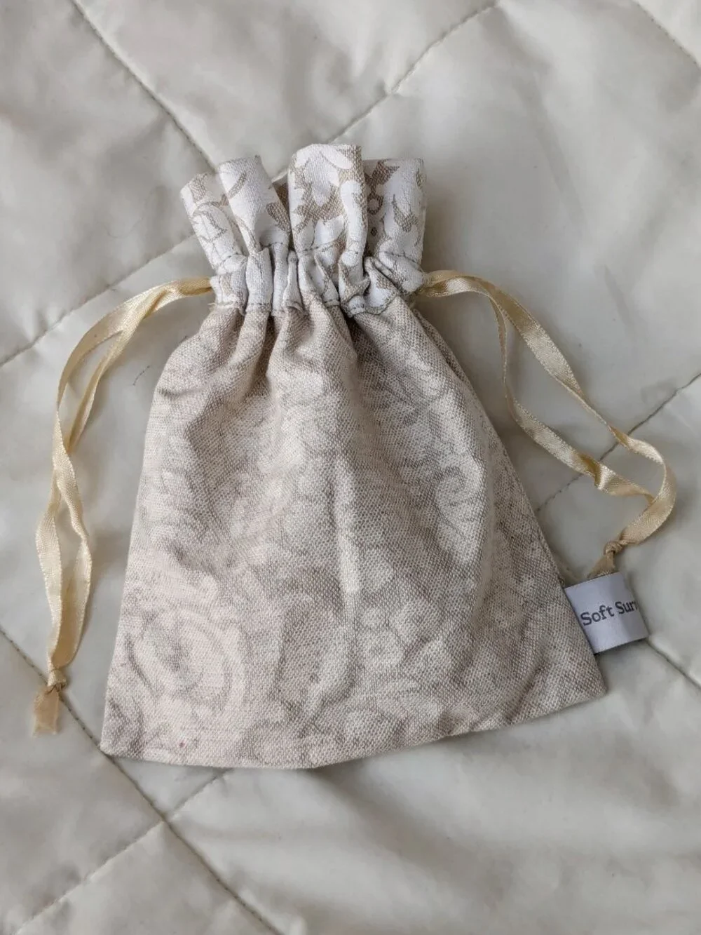 Soft Surroundings Cream Cotton Linen Drawstring Jewelry Dust Bag for Gift Giving